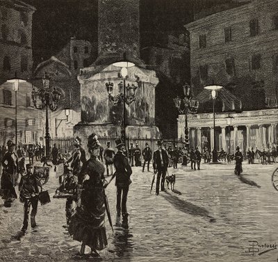 Piazza Colonna oświetlona światłem elektrycznym, Rzym, Włochy, rysunek: Dante Paolocci, rycina z L