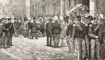 Politycy i oficerowie uczestniczący w procesji pogrzebowej Luigiego Mezzacapo (1814-1885), włoskiego polityka i oficera, Rzym, Włochy, rycina z rysunku Dantego Paolocciego, z L