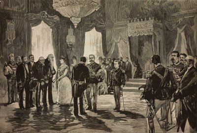 Książę Neapolu, Alfonso Maria Giuseppe Alberto z Bourbon-Two Sicilies w mundurze podporucznika, na przyjęciu noworocznym w Kwirynale we Włoszech, rycina na podstawie rysunku Dantego Paolocciego, z L