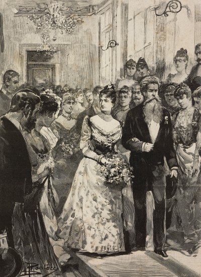 Królowa Margherita Sabaudii na przyjęciu Klubu Artystycznego (Circolo Artistico) w Rzymie w towarzystwie rzeźbiarza Giulio Monteverde, Włochy, rycina według rysunku Dantego Paolocciego, z L