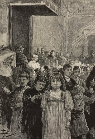 Przyjęcie dzieci na uroczystościach jubileuszowych Papieża Leona XIII, Watykan, rycina według rysunku Dantego Paolocciego, z L