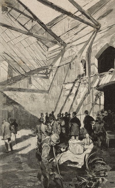 Pozostałości Teatru Izraelskiego po pożarze w 1893 r., Rzym, Włochy, rycina według rysunku Dantego Paolocciego, z L