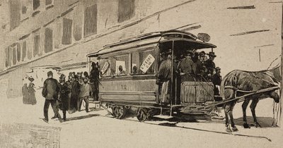 Tramwaj skierowany do św. Piotra z okazji Jubileuszu Biskupiego Leona XIII, Rzym, Włochy, rycina według rysunku Dantego Paolocciego, z L