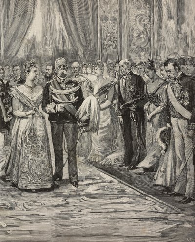 Umberto I i Małgorzata Sabaudii na koncercie z okazji ich srebrnego ślubu, Palazzo del Quirinale, Rzym, Włochy, rycina według rysunku Dantego Paolocciego, z L