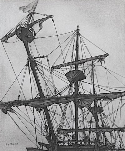 Upiorny galeon, 2017 (ołówek, tusz na papierze) autorstwa Darrell Windjack