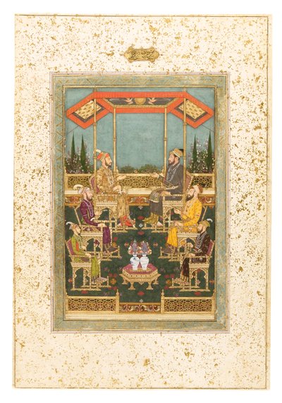 Zgromadzenie książąt, ok. 1710 (nieprzezroczysta akwarela i złoto na papierze, zamontowane jako strona albumu) autorstwa Das Bhawani