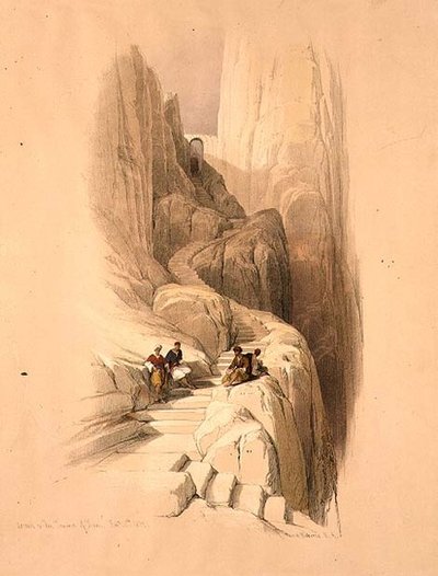 Wejście na szczyt Synaju, 20 lutego 1839, tablica 115 z tomu III „Ziemia Święta”, sztychowana przez Louisa Haghe (1806-85) wyd. 1849 (lito) autorstwa David (after) Roberts
