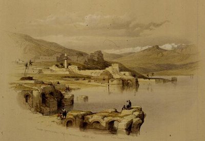 Tyberiada z murów, Saffet w oddali, 22 kwietnia 1839, tablica 37 z tomu I „Ziemia Święta”, sztychowana przez Louisa Haghe (1806-1885) wyd. 1842 (lito) autorstwa David (after) Roberts