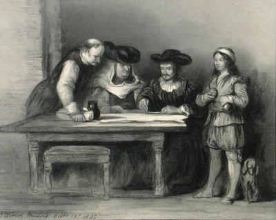 Krzysztof Kolumb (1451-1506) w klasztorze w la Rabida z „Galerii Portretów”, publikacja 1833 (rycina) autorstwa David (after) Wilkie