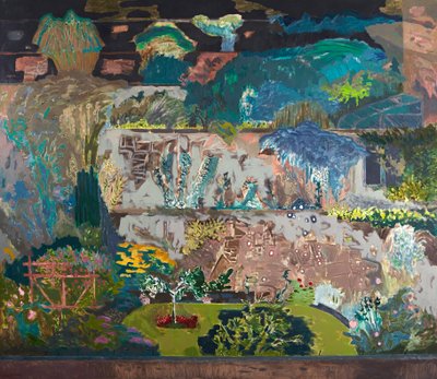 Suffolk Road Back Gardens, ok. 1993 r. (olej na płótnie) autorstwa David Alan Redpath Michie
