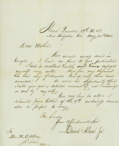 List podpisany David Allan, Jr., siedziba główna 29. MVI, niedaleko Kingston, Ga., do matki, pani M.A. Allan, St. Louis, MO, 20 maja 1864 autorstwa David Allan