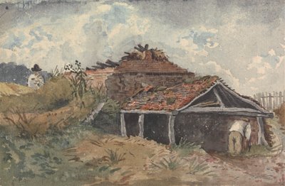 Krajobraz z dwiema postaciami obok starego budynku autorstwa David Charles Read