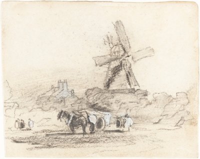 Wóz z dwoma końmi przy wiatraku autorstwa David Cox