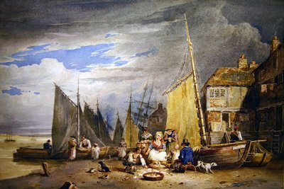 Rybożona ze swoimi towarami nad Tamizą (akwarela na papierze) autorstwa David Cox