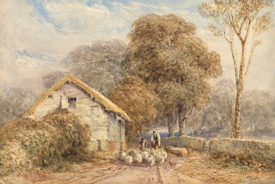 Podróżny na koniu, z pasterzem i jego owcami, przy stodole, na wiejskiej drodze autorstwa David Cox