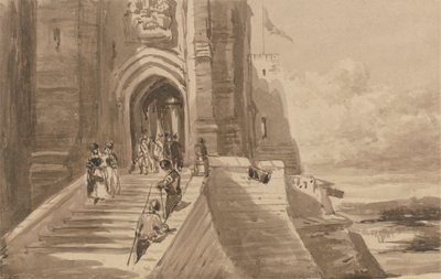 Postacie na zewnętrznych schodach zamku autorstwa David Cox