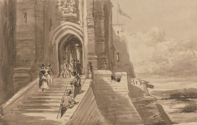 Postacie na zewnętrznych schodach zamku autorstwa David Cox