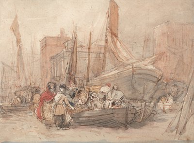 Scena portowa z rozładowywanymi łodziami rybackimi autorstwa David Cox