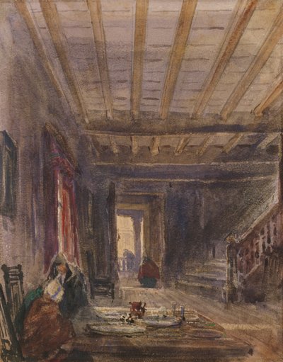 Wnętrze z postaciami przy stole (wc na papierze) autorstwa David Cox