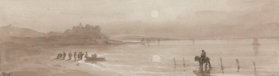 Wybrzeże, zachód słońca z zamkiem Harlech autorstwa David Cox
