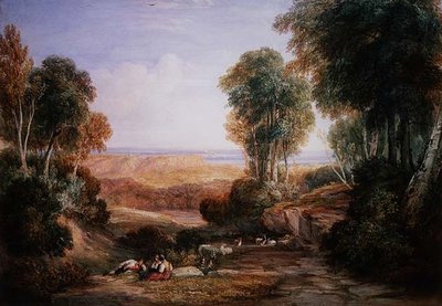 Skrzyżowanie rzeki Severn i rzeki Wye z zamkiem Chepstow w oddali (akwarela na papierze) autorstwa David Cox