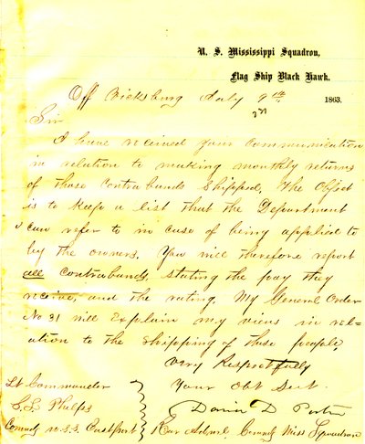 List od Davida D. Portera, U.S.S. Black Hawk, z Vicksburga, do Setha Ledyarda Phelpsa, dowodzącego U.S.S. Eastport, 9 lipca 1863 r. autorstwa David D. Porter
