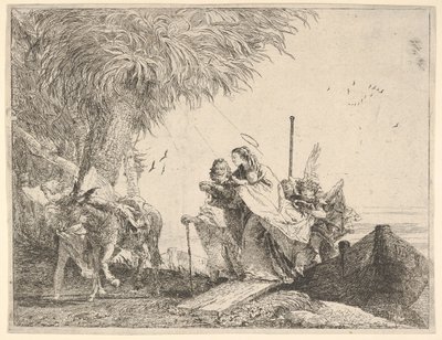 Maryja, wspomagana przez Józefa i anioła, wychodząc z łodzi na brzeg, anioł uspokaja się…, 1753. autorstwa David Giovanni