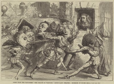 Scena z pantomimy Smok z Wantley, teatr Drury-Lane, na zewnątrz Moore Hall autorstwa David Henry Friston