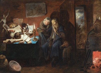 Wnętrze z alchemikiem, kobietą i dzieckiem (vanitas) (olej na płótnie) autorstwa David III Ryckaert