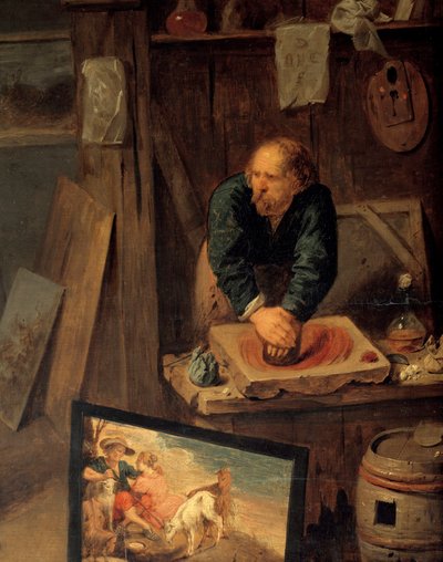 Warsztaty malarskie z pozowania modelu i szlifierki kolorów Szczegóły. Obraz Davida III Ryckaerta (1612-1661), Ec. Bujda autorstwa David III Ryckaert