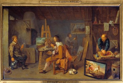 Warsztat malarski z modelką pozującą i szlifierką kolorów. Obraz Davida III Ryckaerta (1612-1661), Ec. Bujda autorstwa David III Ryckaert