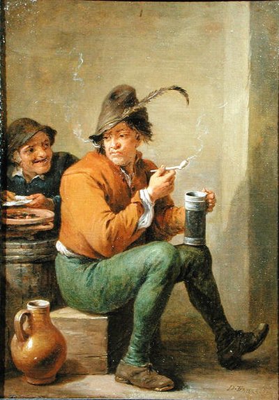 Chłop trzymający kamionkowy dzban i glinianą fajkę (olej na panelu) autorstwa David III Teniers