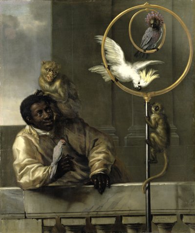 Czarny człowiek z papugami i małpami, 1670 autorstwa David Klöcker Ehrenstrahl