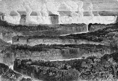 Widok wielkich katarakt Zambezi, znanych jako Mosi-oa-Tuny lub Wodospady Wiktorii, Zambia, rycina z Narrative of Expedition to Zambezi i jego dopływów, autorstwa Davida Livingstone
