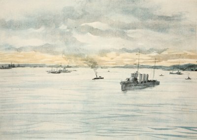 Niszczyciel w porcie, ilustracja z "The Western Front", wyd. przez Country Life Ltd. autorstwa David Muirhead Bone