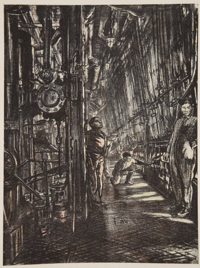Kotłownia na pancerniku, ilustracja z "Frontu Zachodniego", wyd. przez Country Life Ltd. autorstwa David Muirhead Bone