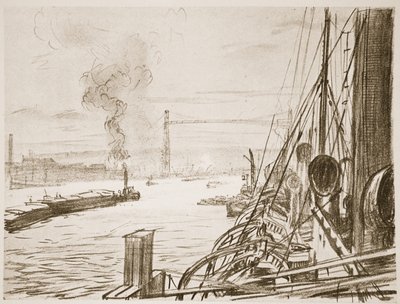 Statek szpitalny w bazie, ilustracja z "The Western Front", wyd. przez Country Life Ltd. autorstwa David Muirhead Bone