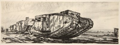 Linia czołgów, ilustracja z "The Western Front", wyd. przez Country Life Ltd autorstwa David Muirhead Bone