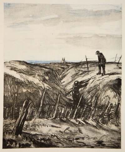 Zrujnowany okop, ilustracja z książki "The Western Front", wyd. przez Country Life Ltd. autorstwa David Muirhead Bone