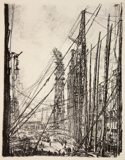 Stocznia, ilustracja z książki "The Western Front" wydanej przez Country Life Ltd. autorstwa David Muirhead Bone