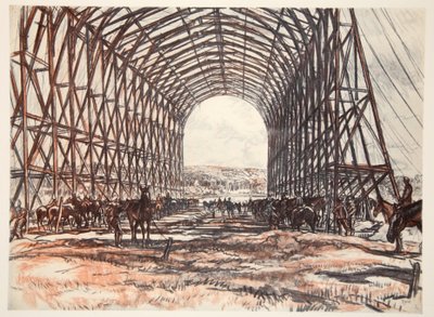 Stajnia na froncie zachodnim, ilustracja z książki "The Western Front", wyd. przez Country Life Ltd. autorstwa David Muirhead Bone