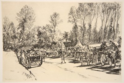 Punkt uzupełniania zapasów, ilustracja z "The Western Front", wyd. przez Country Life Ltd. autorstwa David Muirhead Bone