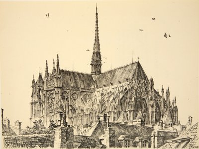 Katedra w Amiens, ilustracja z książki "The Western Front", wyd. przez Country Life Ltd. autorstwa David Muirhead Bone
