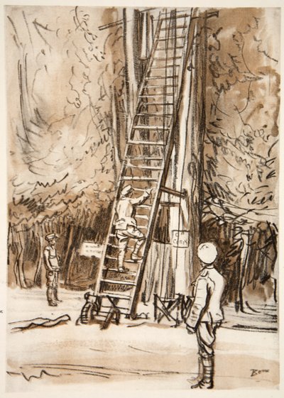 Posterunek obserwacyjny, ilustracja z książki "The Western Front", wyd. przez Country Life Ltd. autorstwa David Muirhead Bone