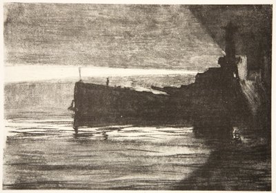Zbliżanie się do pancernika nocą, ilustracja z "The Western Front", wyd. przez Country Life Ltd. autorstwa David Muirhead Bone