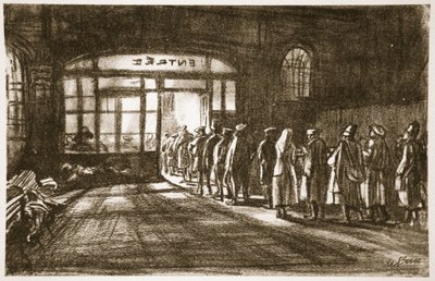 Na stacji bazowej, ilustracja z "Frontu Zachodniego", wyd. przez Country Life Ltd. autorstwa David Muirhead Bone