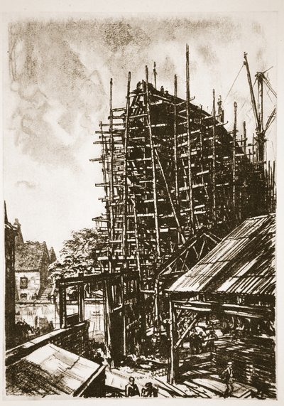 Budowa liniowca, ilustracja z "The Western Front", wyd. przez Country Life Ltd. autorstwa David Muirhead Bone