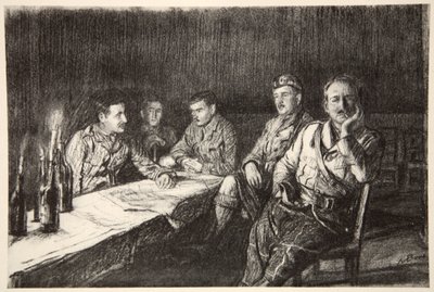 Kantyna oficerska Gordon Highlander, ilustracja z "The Western Front", wyd. przez Country Life Ltd. autorstwa David Muirhead Bone