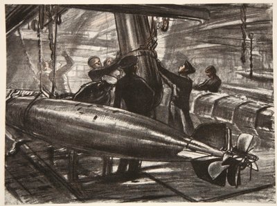 W zanurzonej torpedowni pancernika, ilustracja z "Frontu Zachodniego", wyd. przez Country Life Ltd. autorstwa David Muirhead Bone