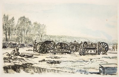Mężczyźni z RFA czyszczący broń, ilustracja z "The Western Front", wyd. przez Country Life Ltd. autorstwa David Muirhead Bone
